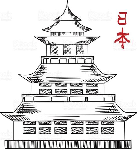 Traditional Japanese Pagoda Tower With Curved Roof Eaves And