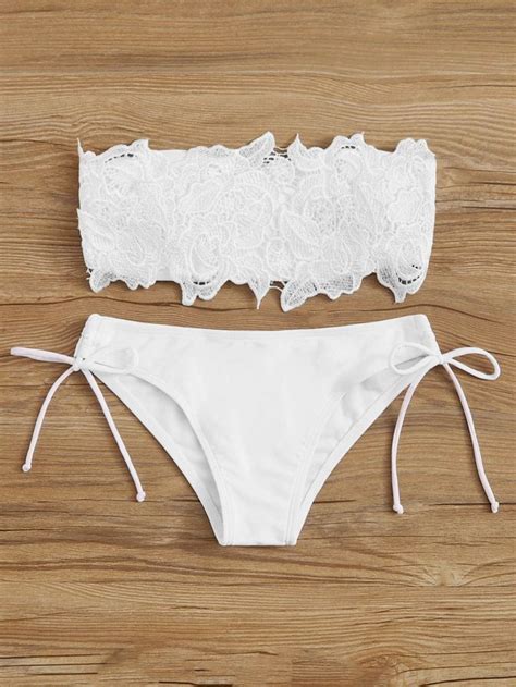 Guipure Lace White Bandeau Swimsuit With Self Tie Bikini Bottom