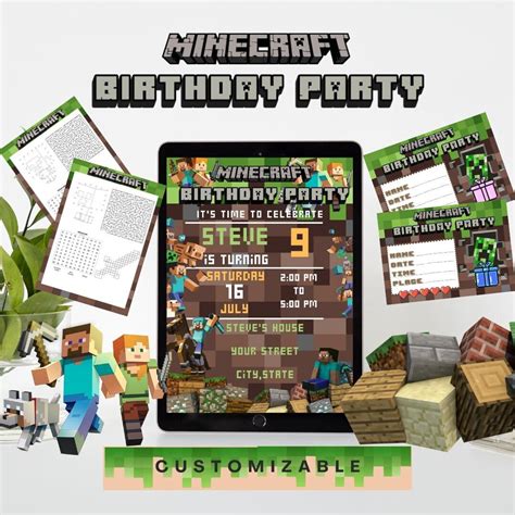 Minecrafter Birthday Invitations Editable Minecraft Birthday Etsy