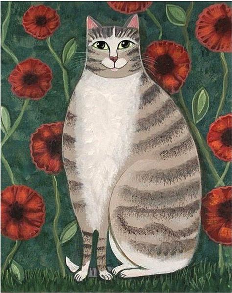 Tabby Cat Folk Art Print Whimsical Cats Art Artist Sgd