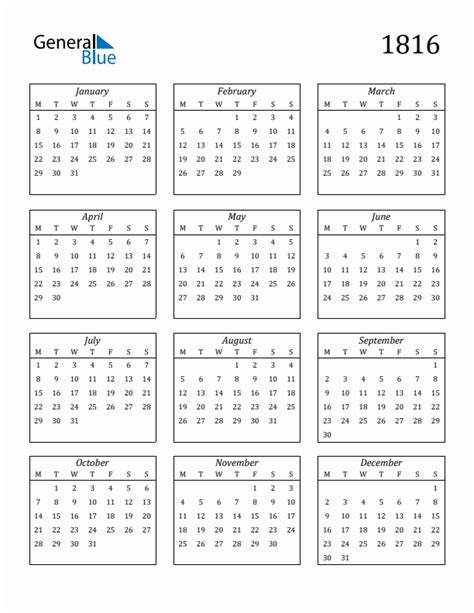 1816 Yearly Calendar Templates With Monday Start