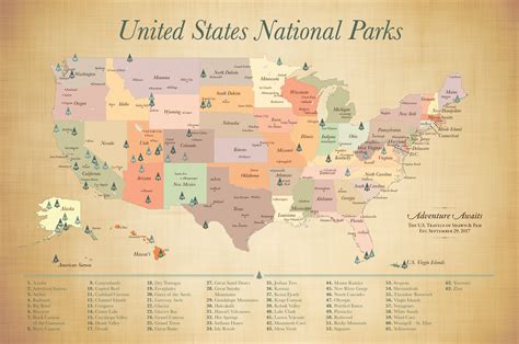 63 US National Parks Map With Pins Personalized Parks Map Hiking Gift
