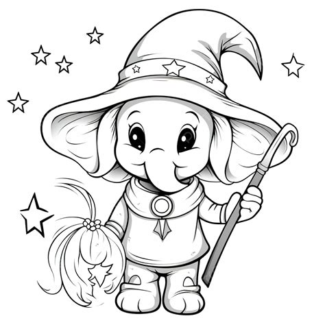 Coloring Book With A Cute Cartoon Halloween Witch Elephant Front The