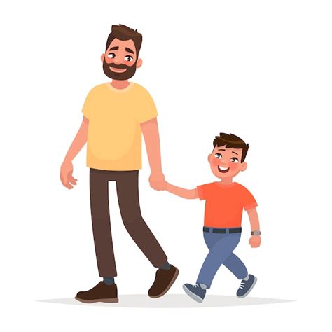 père et fils marchent ensemble illustration vectorielle en style cartoon vecteur premium