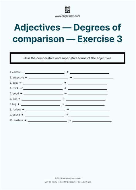 Teach comparative adjectives with this fun, no prep esl game / quiz. Adjectives — Degrees of comparison — Worksheet 3 | English ...