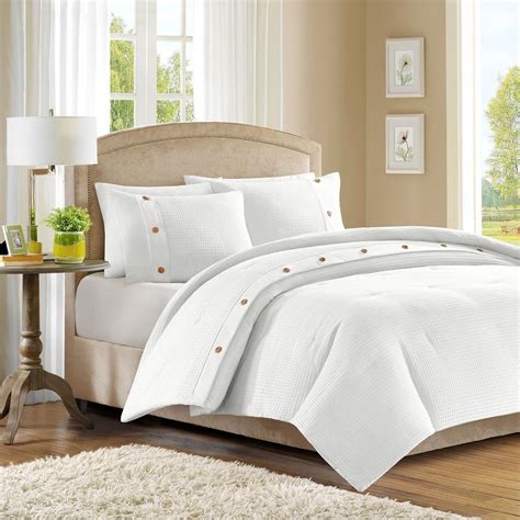 3 Pc Madison Park Waffle Full Queen Comforter Set White Textured Button