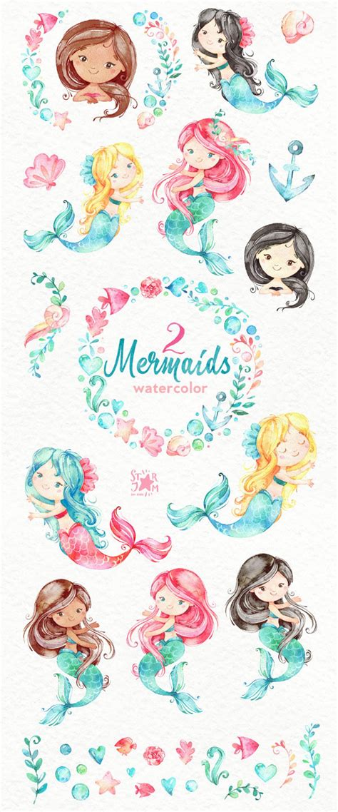 Mermaids 2 Watercolor Clipart Sea Girls Magic Fairytale Etsy