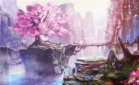 Wallpaper Anime Landscape Cherry Blossom Bridge