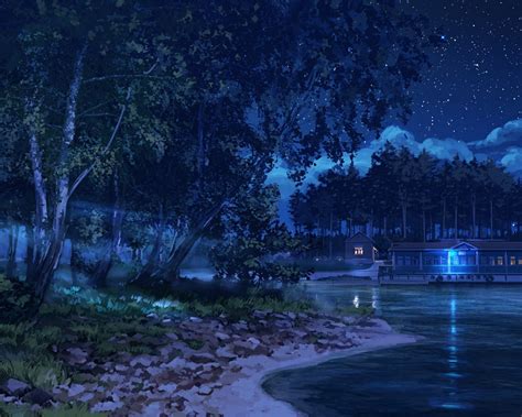 Wallpaper Night Stars Anime Landscape Trees Lake Light
