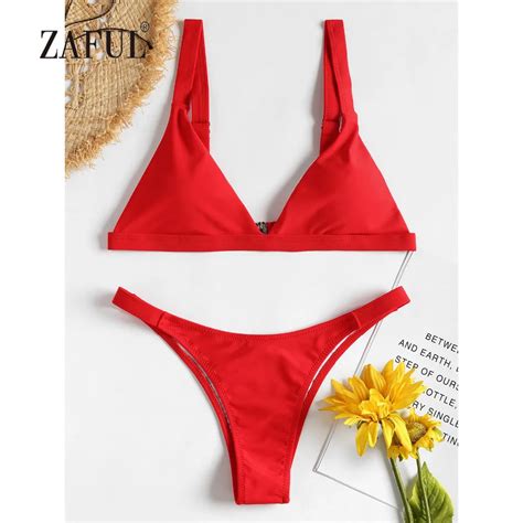 Zaful Bikini Plunge Swimwear Women High Cut Swimsuit Sexy Straps V Neck