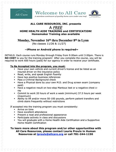 Free Home Health Aide Training And Certification W All Care Vna