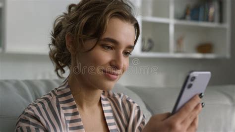 Smiling Girl Shopping Online In Morning Closeup Attractive Lady