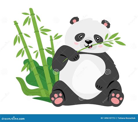Cute Panda Eating Bamboo Stems Flat Vector Illustration Stock Vector