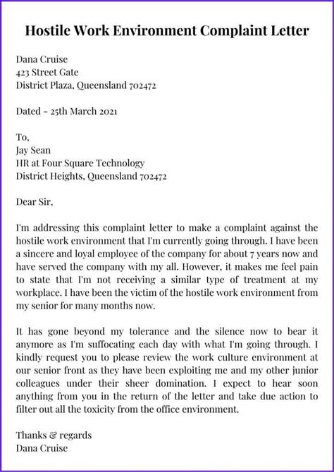 Hostile Work Environment Complaint Letter Sample With Examples