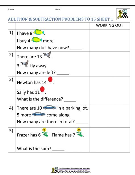 Each sheet consists of a series of word problems involving subtracting numbers up to 20. 1st Grade Addition and Subtraction Word Problems