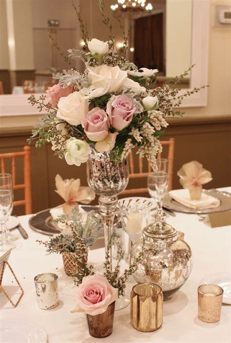 Vintage Style Flowers Mercury Glass Elegant Wedding Centerpiece Elegant Wedding Centerpiece