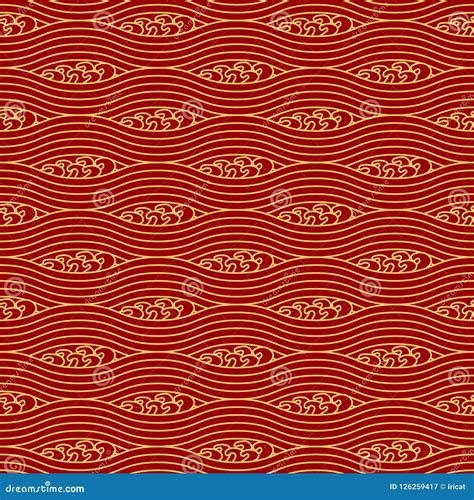 Chinese Seamless Pattern Stylized Sea Golden Waves On A Red