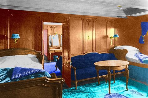 These suites contained two bedrooms, a sitting room, and a private bath and lavatory. First Class State Room on the Titanic, colorized ...