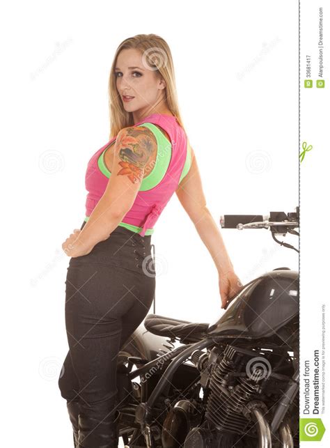 Woman Stand Back To Motorcycle Tattoo Royalty Free Stock