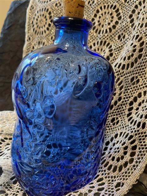 Cobalt Blue Glass Corked Bottle Embossed Acorn And Leaf Blue Etsy