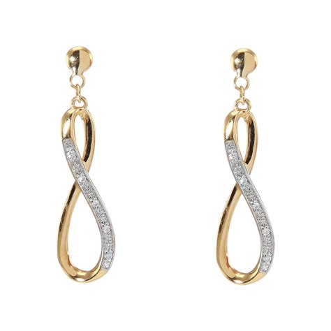 Boucles D Oreilles Pendantes Or Jaune 750 Signe Infini Et Diamants Ref