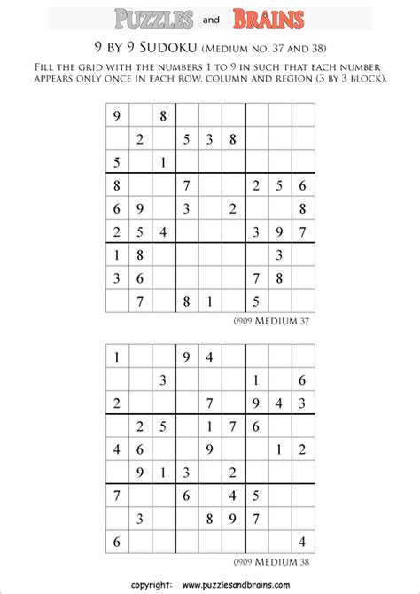 Printable Medium Level 9 By 9 Sudoku Puzzles