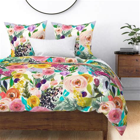 Big Floral Pink Yellow Mod Bright Bold Colorful Sateen Duvet Cover By