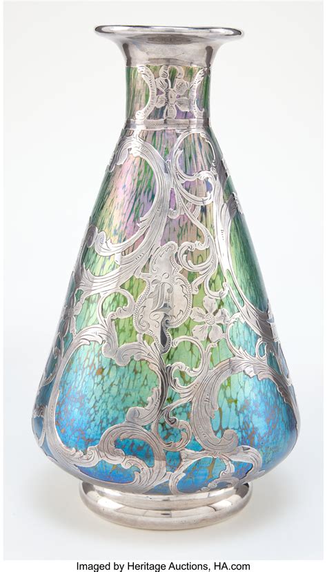 Loetz Glass Vase With Silver Overlay Blue Glass With Art Nouveau Lot 62182 Heritage Auctions