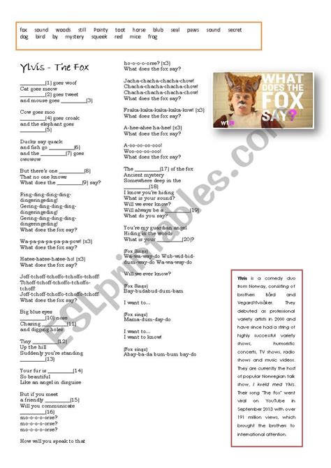 Song Worksheet Ylvis What Does The Fox Say Esl Worksheet By Agatex