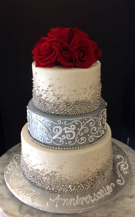 anniversary cake with red roses and white scroll design 25 anniversary cake 25th wedding