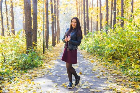 Autumn Nature People Concept Young Beautiful Woman Walking In