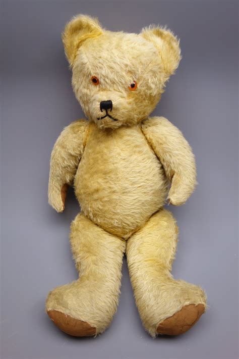 1940s Large Plush Covered Teddy Bear With Applied Eyes Stitched Nose