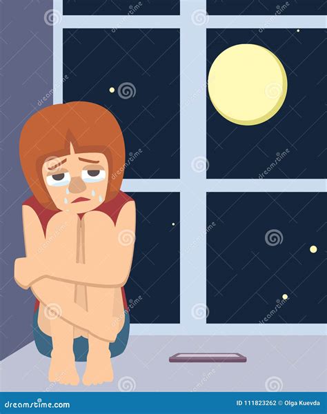 Lonely Girl Sits Crying At Night Vector Cartoon Stock Vector