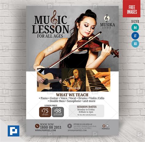Attractive flyers are essential when selling your services and encouraging people to reach out for music lessons. Music Lesson Flyer - PSDPixel