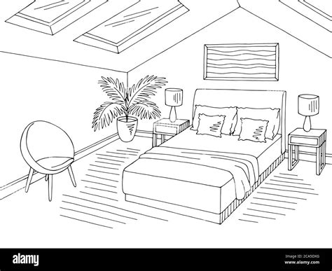 Attic Bedroom Black White Graphic Home Interior Sketch Illustration