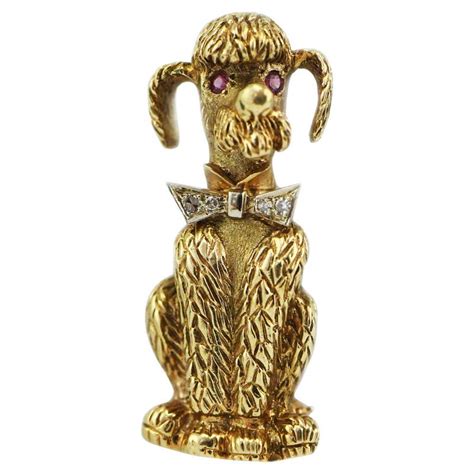 Heavy 14 Karat Yellow Gold Poodle Pin Pendant With Ruby Eyes And