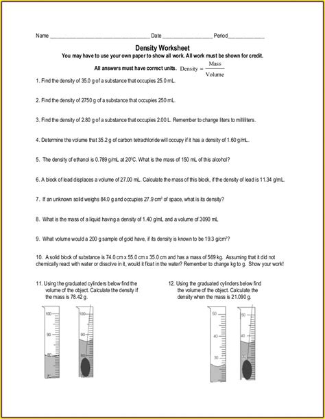 6th Grade Mass Volume Density Worksheet Middle School Uncategorized