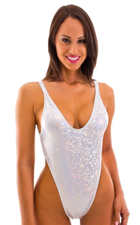 One Piece Thong Swim Suit In Holographic Shattered Glass White Silver