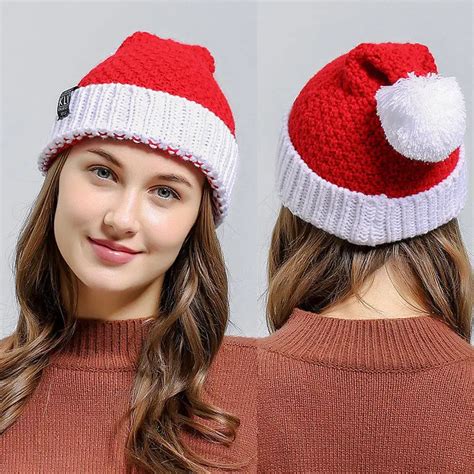 Women Ladies Warm Wool Knitted Santa Cap Fur Pom Red Pom Beanie Bobble Hat Xmas T Hats In