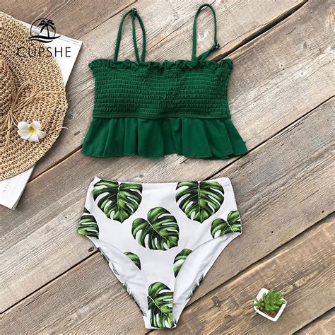 Cupshe Apron Green Leaf Print High Waisted Bikini Sets Women Ruffle Two Piece Swimsuits 2019