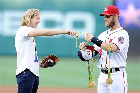 Rio olympics star katie ledecky is looking to cement her legacy, while caeleb dressel is hoping to live up to the hype as the next michael phelps. Katie Ledecky Makes Bryce Harper Her Gold Medal Lackey