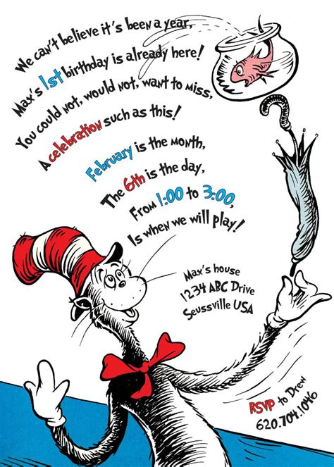 The Cat In The Hat Birthday Invitation Printable Throughout Dr Seuss