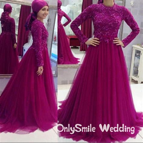 Long Sleeve Muslim Evening Dresses Fuschia Lace A Line Evening Gowns For Women Tulle Sweep Train