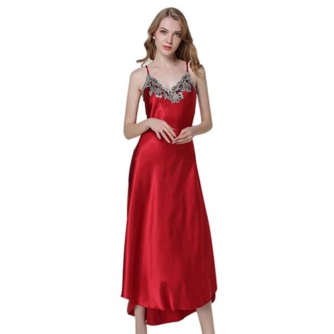 Sexy Silk Satin Nightgown Women Long Nightdress Soft Ladies Plus Size V