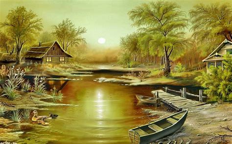Landscape Art River Boat Green Grass Forest Trees Wooden House Stream