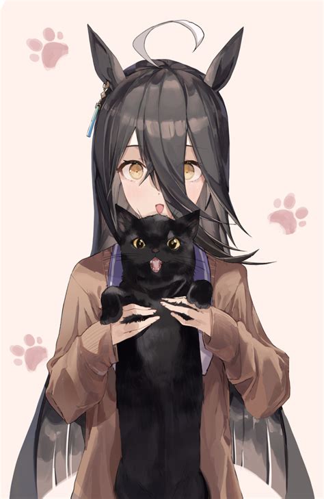 Safebooru 1girl D Ahoge Amano Kokoko Animal Animal Ears Black Cat