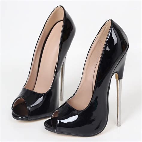 Extreme High Heel Metal Peep Toe Court 7 18cm Black Stiletto Pump