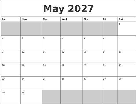 May 2027 Blank Printable Calendar