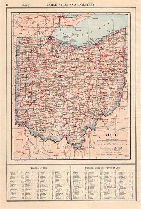 1914 Antique Ohio Map Vintage State Map Of Ohio Gallery Wall Art Home