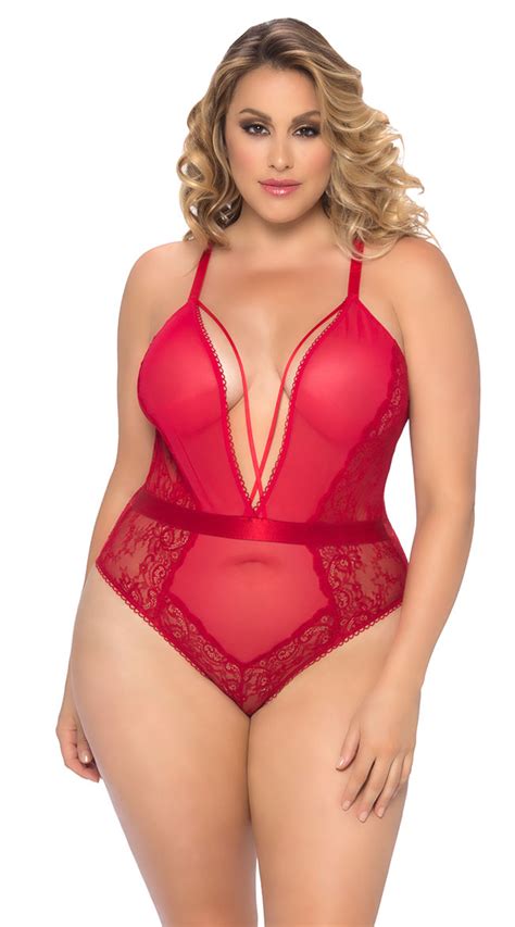 Womens Plus Size Viviane Plunging Mesh And Lace Teddy Plus Size Low